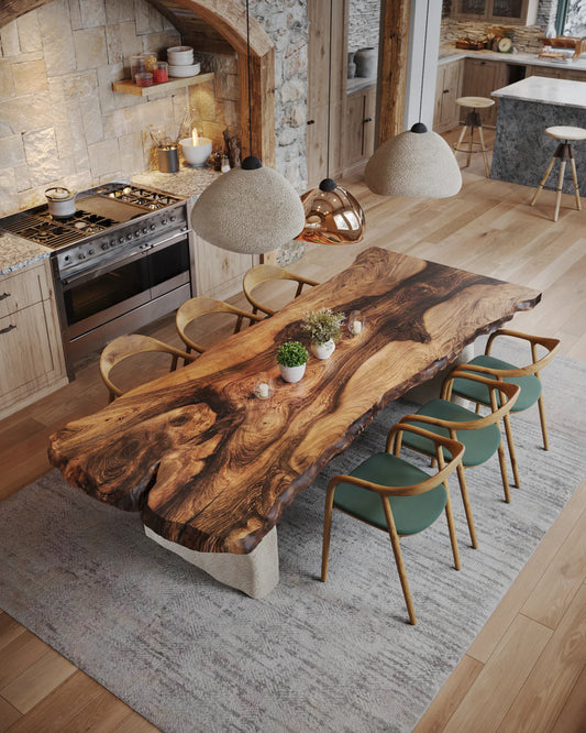 Walnut solid wood table top with elegant stone looking table legs and walnut chairs.