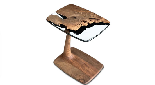 a wooden end table with clear transparent resin completing the unique design.