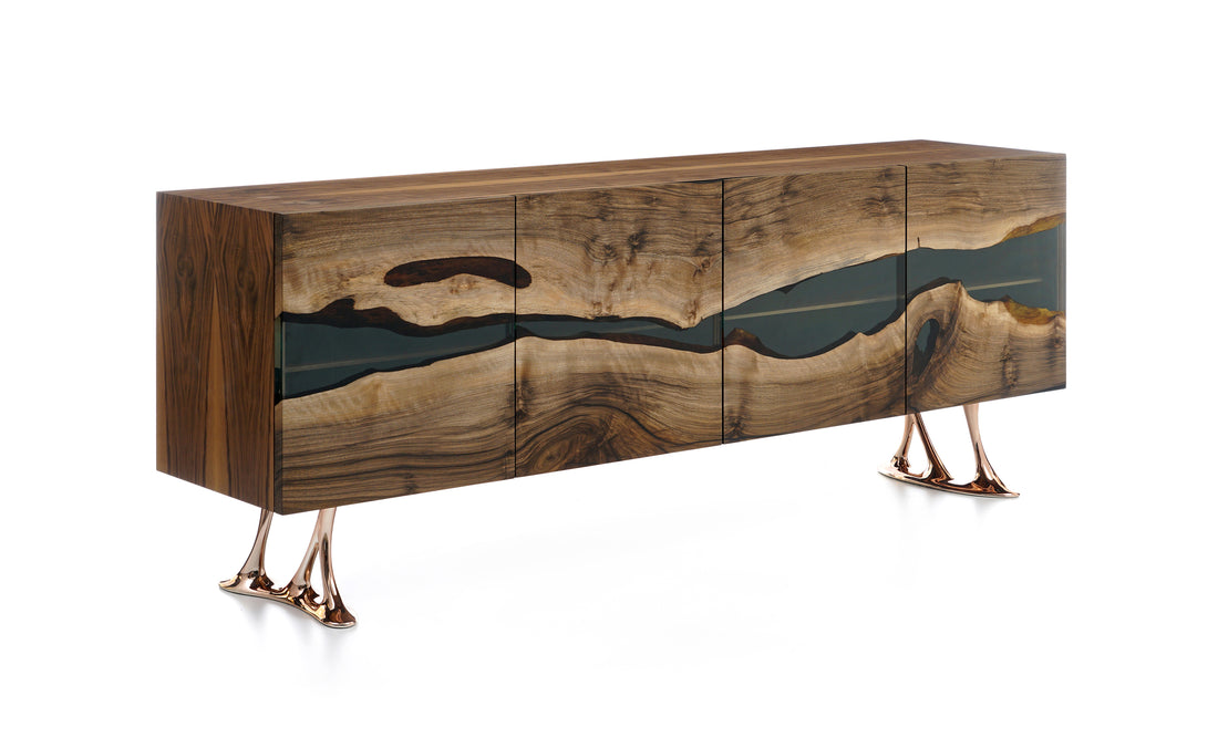 Epoxy Resin Wooden sideboard / buffet with abstract pattern and metallic legs.