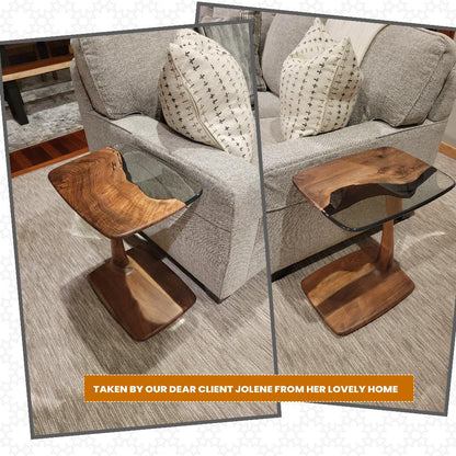 2 beautiful epoxy-walnut end tables pictured in a beatiful room by the home owner.