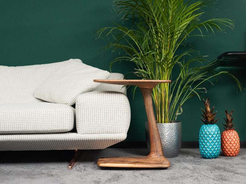 a chick end table near of a beatiful plant near to a sofa.