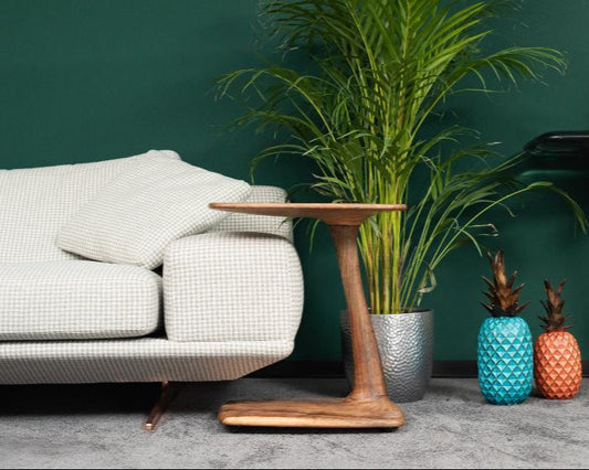 a chick end table near of a beatiful plant near to a sofa.