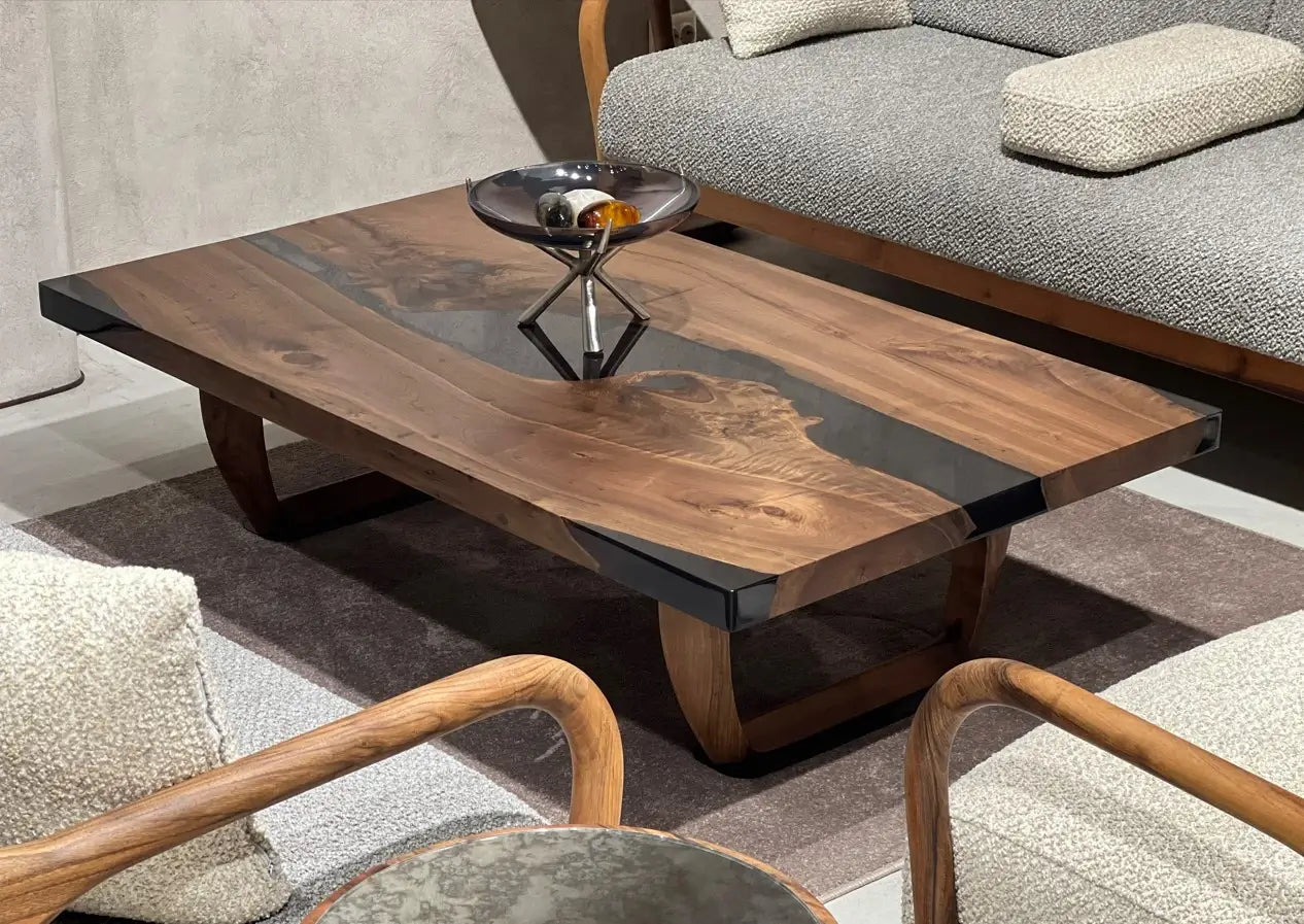 handcrafted resin coffee table with walnut legs