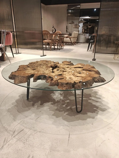 olive wood coffee table glass top