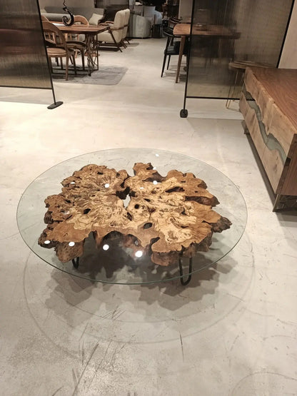 olive wood live edge coffee table glass top