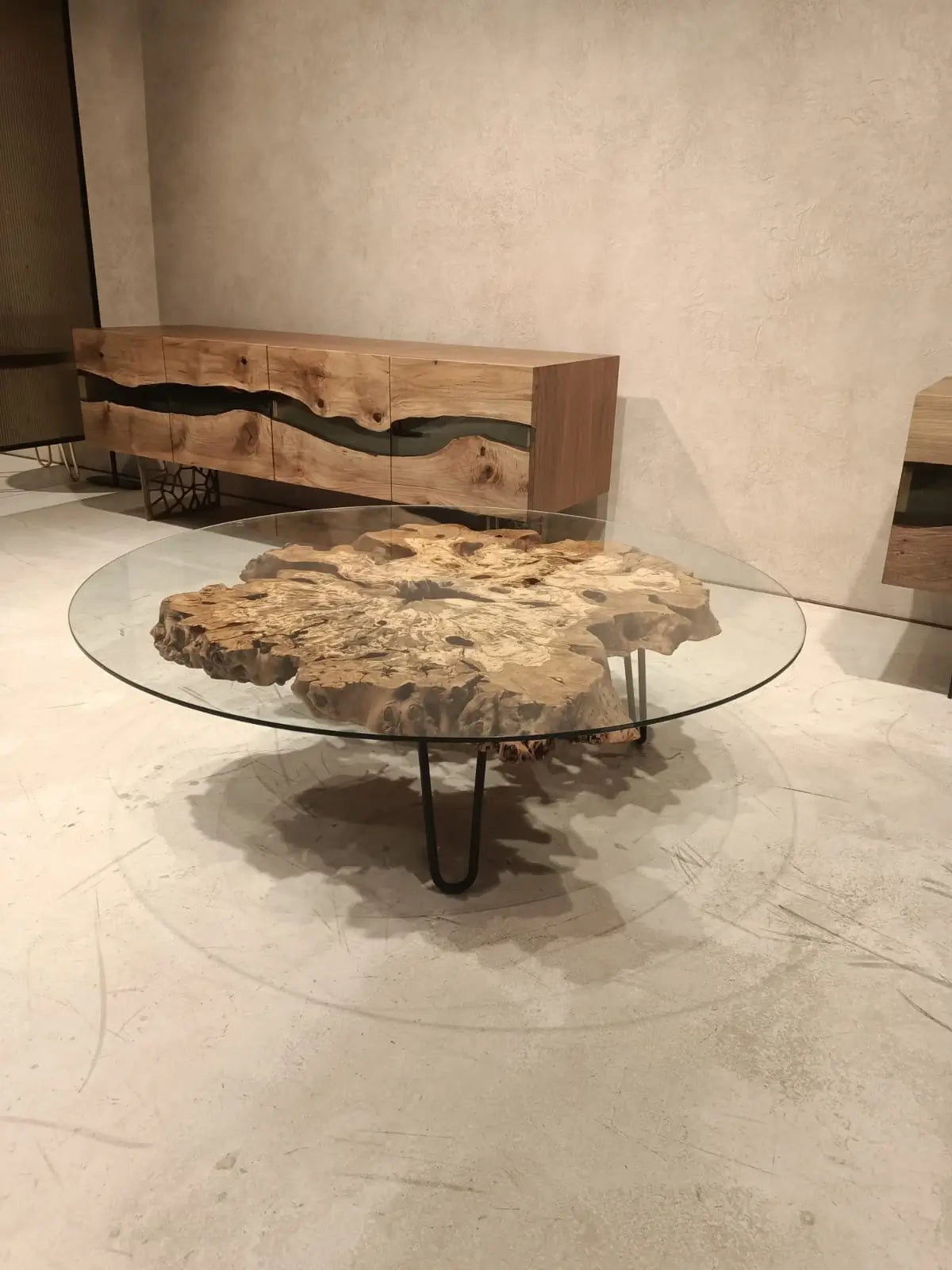 olive wood rustic coffee table glass top