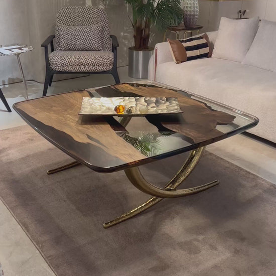 Epoxy Resin Living Room Coffee Table made of solid walnut top view