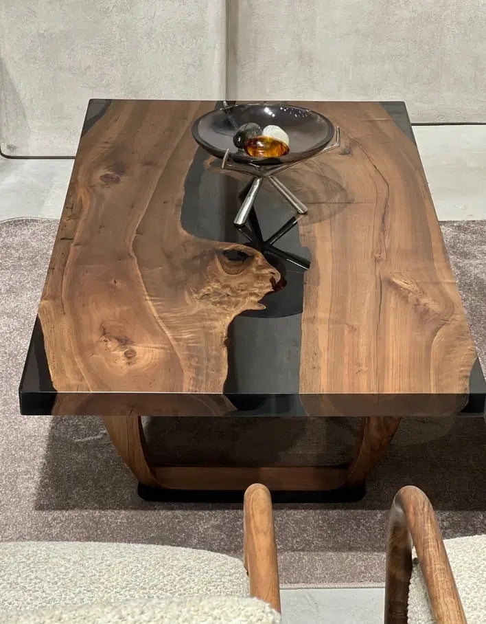 resin coffee table with walnut legs