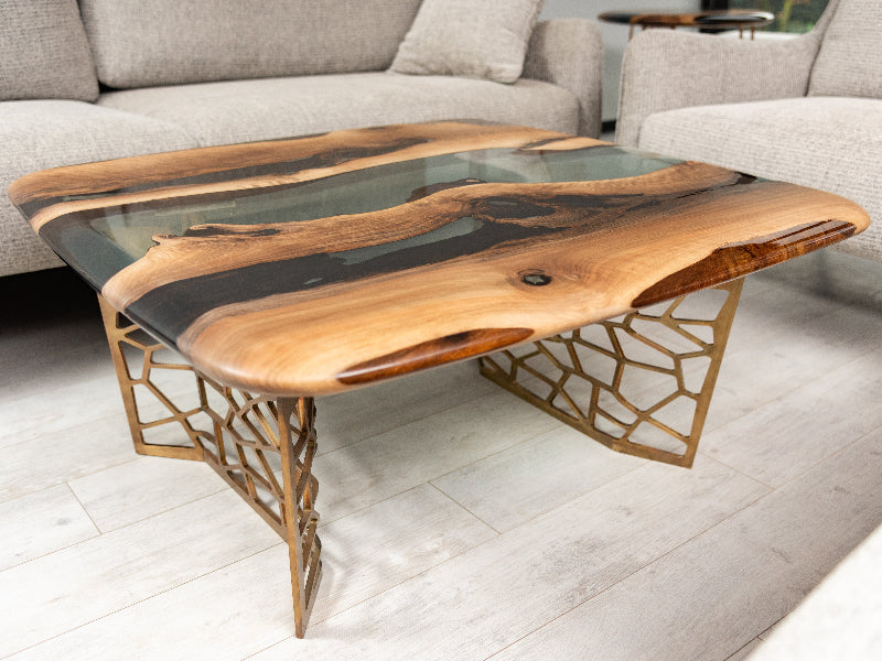 wood resin coffee table with brass legs